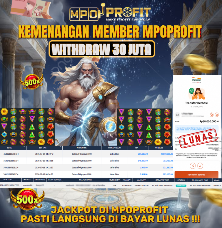 MPOPROFIT JACKPOT SLOT PRAGMATIC! KEMENANGAN MURNI DI (GATES OF OLYMPUS 1000 TOTAL RP 30.000.000,- LUNAS)